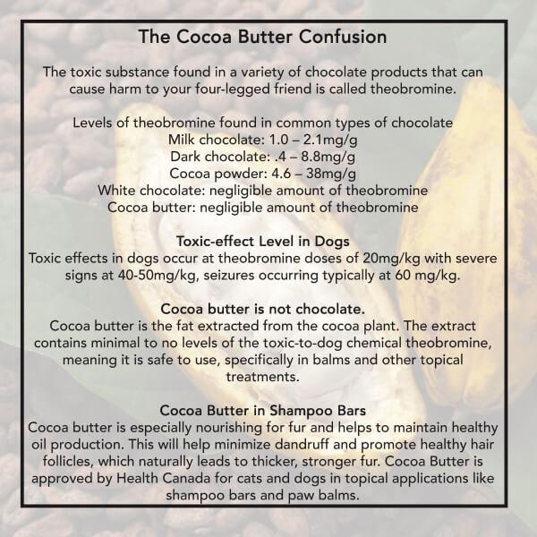 Text overlay describing how cocoa butter is safe for dogs and describing the difference between chocolate and cocoa butter.