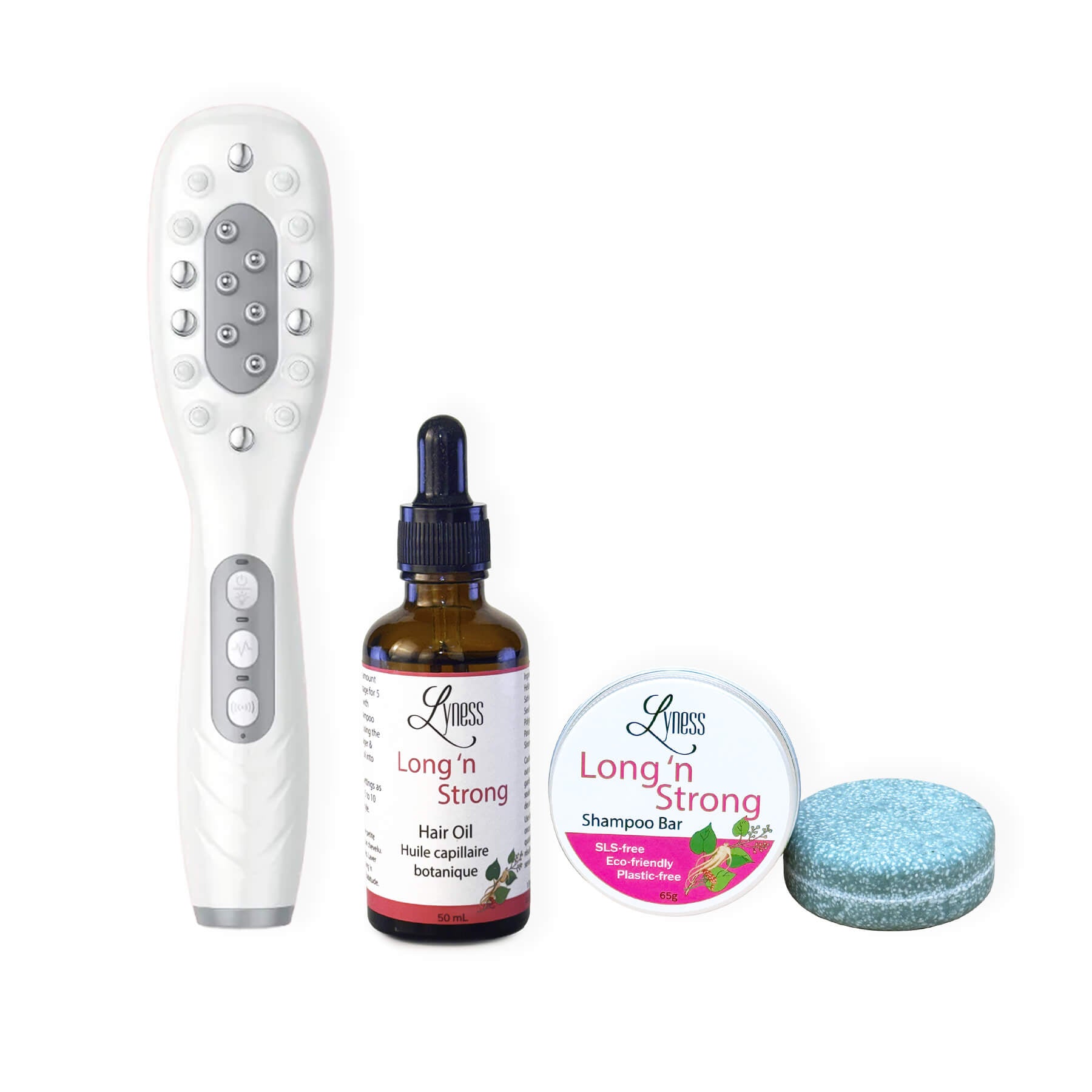 Long n Strong Set - 6 in 1 Scalp Massager & Oil Dispenser, Hair Oil, and Shampoo - Lyness Beauty Products