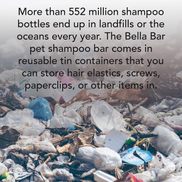 Text overlaying background of landfill, mentioning how more than 552 million shampoo bottles end up in either landfills or oceans each year. The Bella Bars combat this waste by utilizing a reusable tin container for packaging.